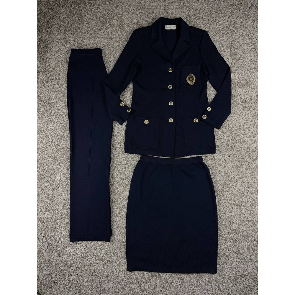 St. John Collection 3 Piece Navy Santana Knit Suit Set Jacket Pants Skirt Size 6